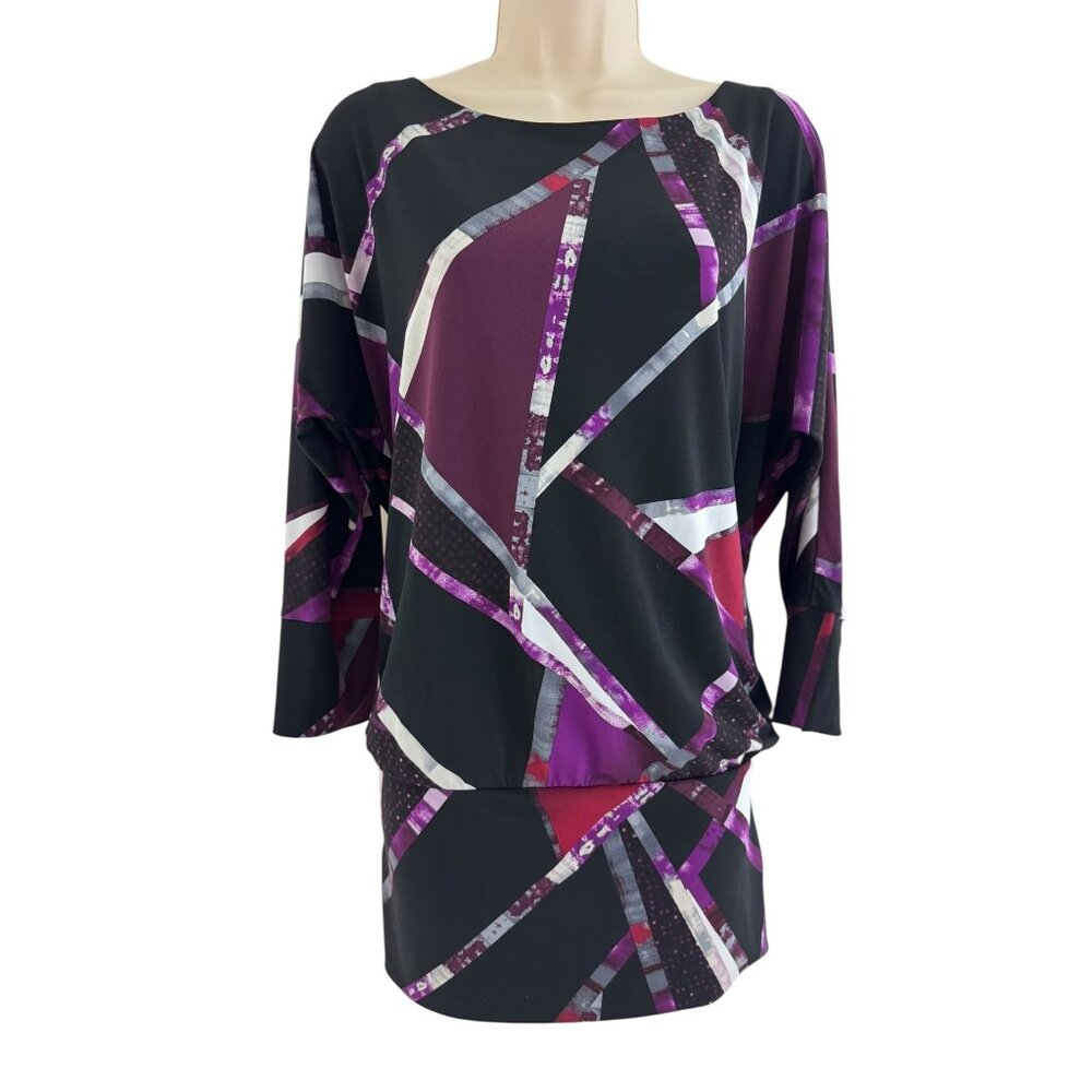 White House Black Market Abstract Dolman Sleeve Blouson Long Tunic‎ Top Size L